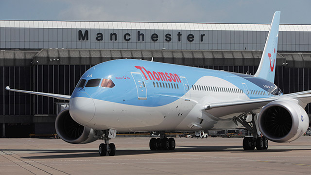 A Thomson Airways Boeing 787 Dreamliner on its arrival at Manchester Airport. Photo by EPA/Matt Writtle/Thomson Airways