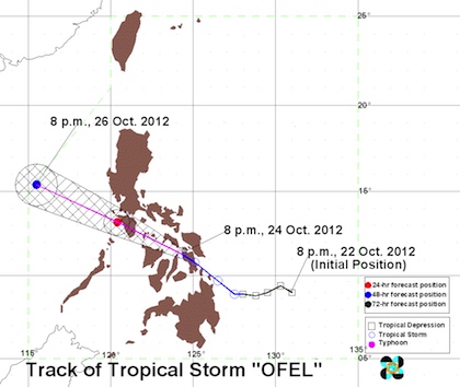 Tropical depression track as of 8 pm, October 24. Image courtesy of PAGASA