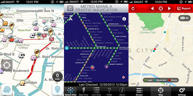 THE NEXT BIG TRANSIT APP? The DOTC is looking to app developers for a new app to help motorists and commuters using its data. Screen shots from Waze, MMDA, and TrafficDito
