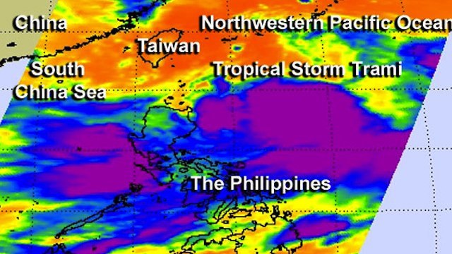 TRAMI. NASA's Aqua satellite passed over Tropical Storm Trami on Aug. 18 it looked at the storm in an infrared light and saw coldest cloud top temperatures and strong thunderstorms (purple) around the center and in a band of thunderstorms south of the center. Photo by NASA JPL/Ed Olsen
