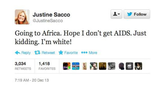The tweet that made former PR executive Justine Sacco a worldwide target for nasty jokes and vicious insults. Screenshot from Twitter