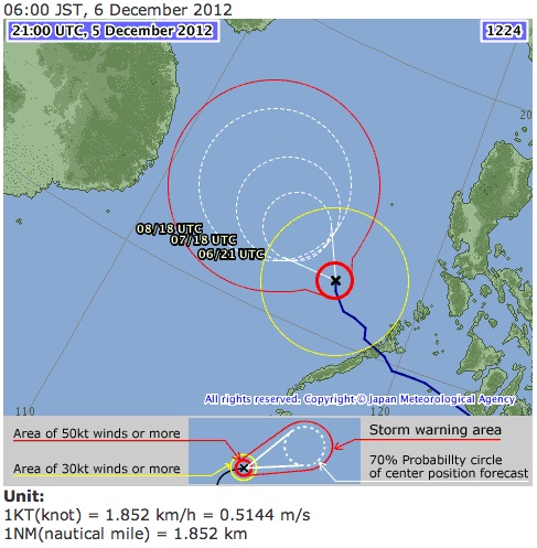 Japan Meteorological Agency forecast track for Bopha as of 8 am December 6, 2012. Image courtesy of the JMA.