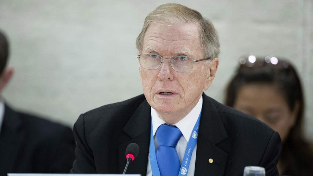 'UNSPEAKABLE ATROCITIES.' Chair of the Commission of Inquiry on Human Rights in the Democratic People’s Republic of Korea Michael Kirby presents an oral update during the 24th Session of the Human Rights Council. UN Photo/Jean-Marc Ferré