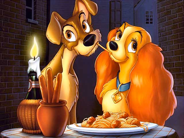 ROMANTIC DINNER. Chef Barni associates spaghetti with meatballs with romance because of 'Lady and the Tramp.' Screenshot from Disney's official YouTube channel