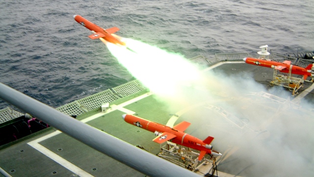 UNMANNED AERIAL VEHICLE. A BQM-74E Chukar III is launched from a US Navy ship in Japan. The drones are painted orange so that they will be easier to see in the water and can be recovered. File photo from Wikimedia Commons