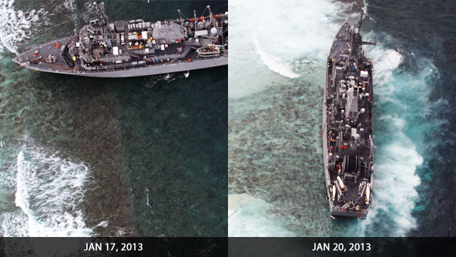 BEFORE AND AFTER. The USS Guardian turned 90 degrees in 4 days dragged by the strong currents and winds of the Sulu Sea. Graphic by Bardo Wu from photos courtesy of AFP WESCOM