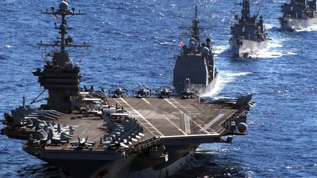 MILITARY DRILLS. The United States, Japan, and South Korea will hold joint naval exercises this week near Korea. In this file photo, US aircraft carrier USS George Washington leads a US guided missile cruiser and three Japanese destroyers during the Keen Sword US-Japan military exercises in the Pacific Ocean, December 10, 2010. AFP / Pool / Shigeki Miyajima