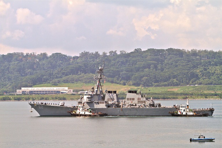 READY FOR "WAR." US destroyer USS Fitzgerald arrives at the former US naval base in Subic Bay, Olongapo City, north of Manila on June 27, 2013, to join the Cooperation Afloat Readiness and Training (CARAT) exercises close to a flashpoint area of the South China Sea. Photo by AFP/David Bayarong