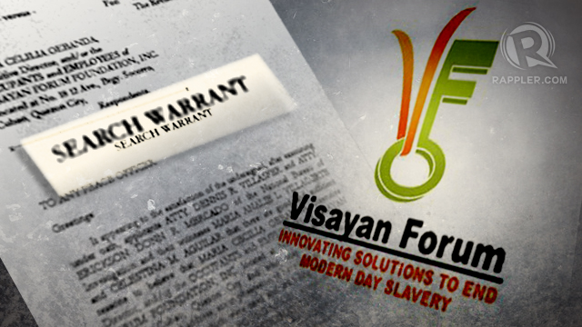 SEARCH WARRANT. A raid on Visayan Forum's Quezon City compound produced up to 35,000 in allegedly falsified documents. 