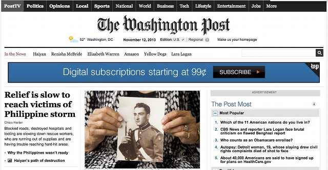 Screenshot of The Washington Post November 12, 2013 homepage