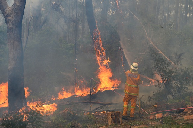 MAN VS FIRE. New South Wales (NSW) Rural Fire Service crews protect a property on Bulgamatta Road in the township of Berambing in the Blue Mountains, west of Sydney, Australia, 22 October 2013. EPA/Dan Himbrechts