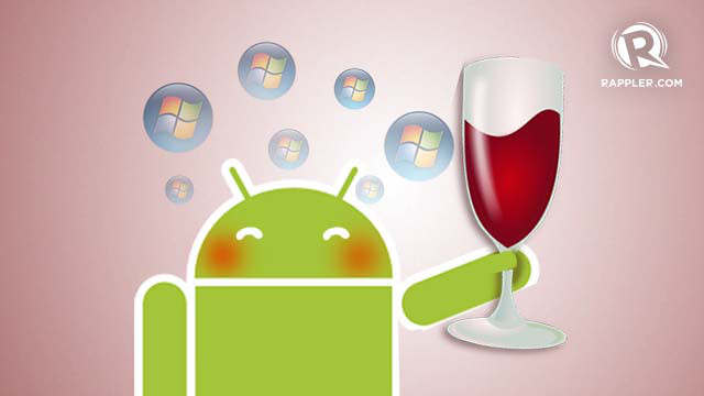 WINDOWS, WINE, AND ANDROID. The folks behind Wine hope to make Windows app run on Android. Logos courtesy of Microsoft, Android, and Wine.