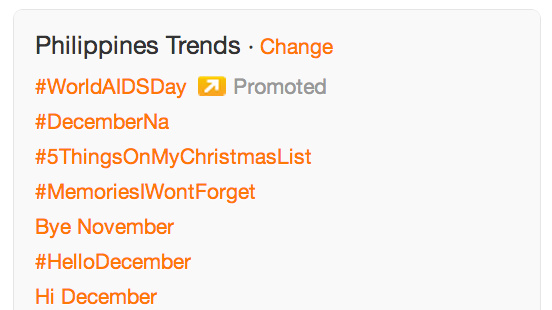 #WorldAidsDay. Number one trending topic, promoted by Twitter.