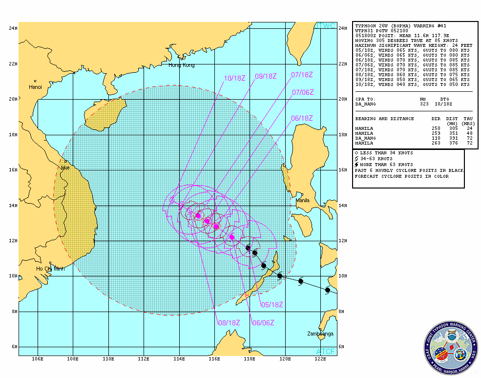 US Navy Joint Typhoon Warning Center forecast track for Bopha as of 8 am December 6, 2012. Image courtesy of the JTWC.
