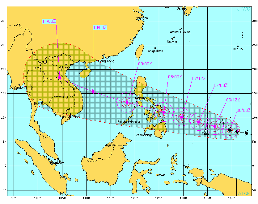 Super Typhoon 31W (Haiyan) Warning #12 Issued at 06/0300Z, warning graphic issued by the US Navy Joint Typhoon Warning Center.