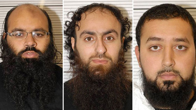 UNITED KINGDOM, London : A combination of handout images released by Britain's West Midlands Police on February 21, 2013, shows Irfan Naseer, (L) Irfan Khalid (C) and Ashik Ali (R). All three British Muslim men were found guilty on Thursday of planning a string of bombings that prosecutors said could have been deadlier than the July 7, 2005, attacks on London's transport network. AFP PHOTO / WEST MIDLANDS POLICE