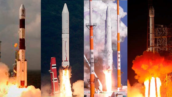 THE ASIAN SPACE RACE. The year marked a race for space supremacy in Asia. (L-R) AFP/ISRO; AFP/Jiji Press; AFP/Korea Aerospace Research Institute; and AFP/Stringer