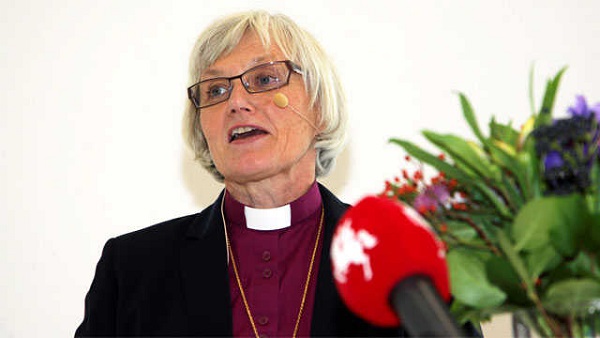CHURCH LEADER. Bishop of Lund Antje Jackelen gives a speech at the Cathedral Forum in Lund, southern Sweden. Photo from EPA