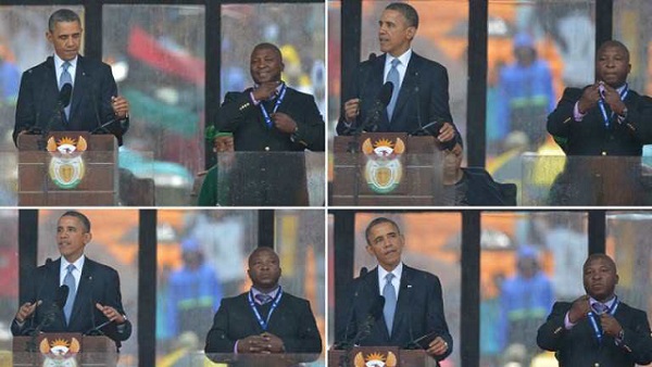 'FLAPPING HIS ARMS' In these combination of photos taken on Tuesday, December 10, US President Barack Obama delivers a speech next to a sign language interpreter (R) during the memorial service for late South African President Nelson Mandela at Soccer City Stadium in Johannesburg. AFP/Alexander Joe