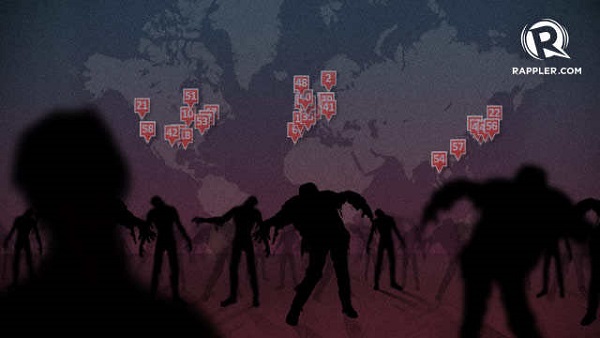 MAPPING HORROR FILMS. Software maker Esri plots out horror movie locales for users. Map background from http://mediamaps.esri.com/geography-of-horror/
