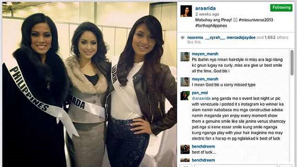 LONG LIVE THE FILIPINA! Miss Philippines Ariella Arida with Miss Canada Riza Santos and Miss Guam Alixes Scott. Screen shot from @araarida on Instagram