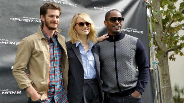 ON FOR MORE. Actors Andrew Garfield, Emma Stone and Jamie Foxx attend "The Amazing Spiderman" fan event at Sony Pictures Studios in November at Culver City, California. AFP Photo