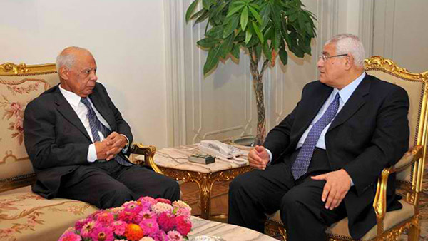 INTERIM LEADERS. Egypt's interim president Adly Mansour (R) meeting with with new-appointed Prime Minister Hazem al-Beblawi, on July 9, 2013 in the Egyptian capital, Cairo. AFP/Egyptian Presidency handout