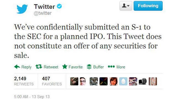 IPO FILING. Twitter announces it has 'confidentially submitted an S-1 to the US Securities and Exchange Commission for a planned IPO. Screen shot from Twitter