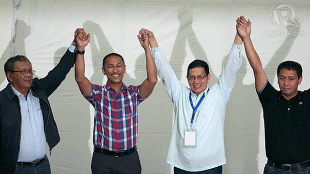 RE-ELECTED. Governor Esmael Mangudadatu (2nd from Left) and Datu Lester Sinsuat (right) were proclaimed governor and vice governor by the provincial board of canvassers of Maguindanao. Photo by Manman Dejeto/Rappler