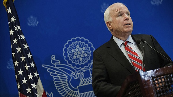 EGYPT, Cairo : US Republican Senator John McCain speaks during a joint press conference with fellow Republican Senator Lindsey Graham (unseen) on August 6, 2013 in Cairo. The two leading US Senators urged Egypt's leaders to engage in an 