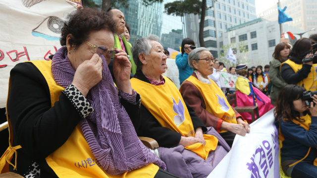 WARTIME SEX SLAVERY. Victims of Japan's wartime sex slavery attend a weekly rally in front of the Japanese Embassy in South Korea on April 9, 2014 to demand Japan apologize and provide compensation to the surviving victims of the Japanese government's sex slavery during World War II. Historians say more than 200,000 women, mostly Koreans, were forced to serve as sex slaves for front-line Japanese soldiers during the war. File photo form EPA/YONHAPNEWS