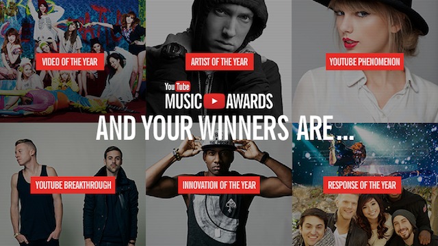 WINNERS. The winners in the first YouTube Music Awards (clockwise from top): Eminem; Taylor Swift; Lindsey Stirling & Pentatonix; Destorm; Macklemore & Ryan Lewis; and Girls' Generation. Image courtesy YouTube