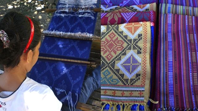 (Left) A YOUNG YAKAN woman at work. (Right) Some of the village’s handwoven products.