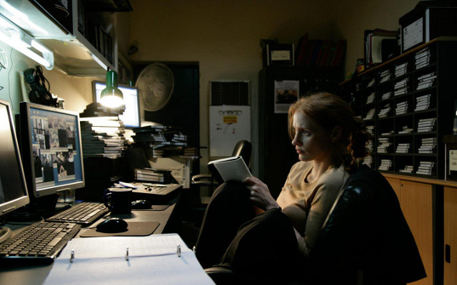 WHERE IS OSAMA BIN LADEN? Jessica Chastain's Maya tries to figure it out. Photo from the 'Zero Dark Thirty' Facebook page