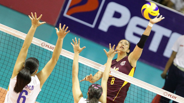 REACHING FOR VICTORY. Cagayan's Aiza Maizo attempts a spike against Generika. Photo by Mark Cristino