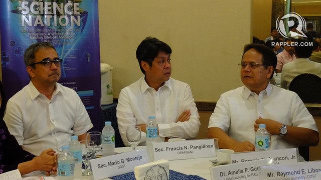'ALL-OUT WAR.' These 3 government officials are in charge of containing the coconut pest (from left to right): DOST Secretary Mario Montejo, Presidential Assistant for Food Security and Agricultural Modernization Francis Pangilinan, PCA Administrator Romulo Arancon Jr. Photo by Pia Ranada/Rappler