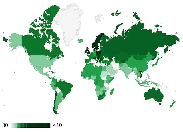 Peta ILO ini menunjukkan perbandingan panjangnya cuti hamil di berbagai negara. Warna yang lebih gelap menunjukkan lamanya cuti yang lebih panjang.