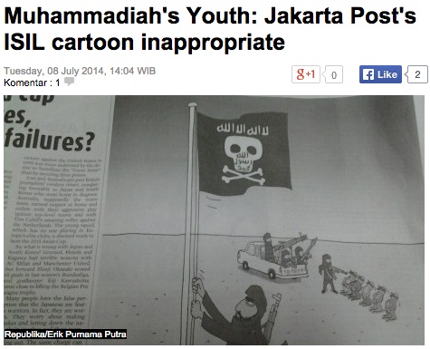 Karikatur yang diterbitkan Jakarta Post mengundang amarah dari kelompok Islam. Pemred Jakarta Post dinamakan tersangka atas UU Penistaan Agama. 