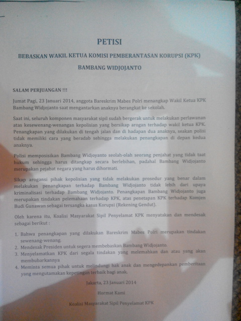 Petisi bebaskan Wakil Ketua KPK Bambang Widjojanto.