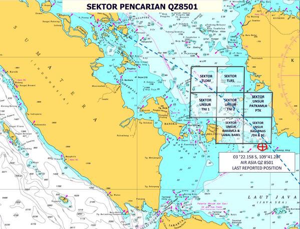 SEARCH AREA. A map showing the 7 sectors searched on Monday, December 29, courtesy of Malaysia's Defense Ministry. Photo courtesy of Jason Ng/Twitter
