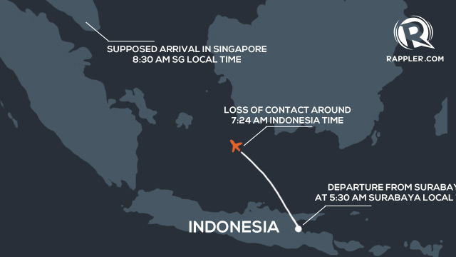 POSISI TERAKHIR. Kementerian Perhubungan mengkonfirmasi posisi terakhir Air Asia QZ-8501 di 100 mil dari Tanjung Pandan/Rappler