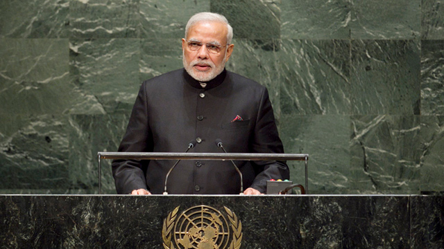 'FULFILL PROMISE.' Indian Prime Minister Narendra Modi tells the UN General Assembly that developed nations must make good on their climate change pledges. UN Photo/Cia Pak