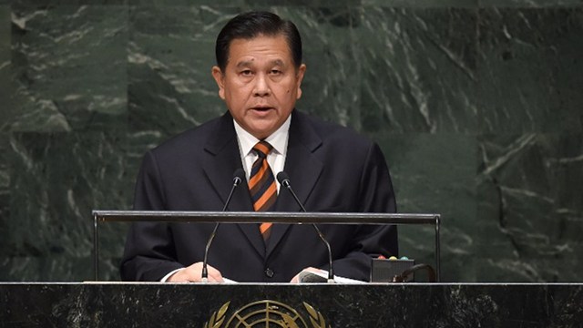 'NECESSARY INTERVENTION.' Tanasak Patimapragorn, Deputy Prime Minister of Thailand, defends the Thai coup and junta at the UN General Assembly debate in New York on September 24, 2014. Photo by Timothy A. Clary/AFP