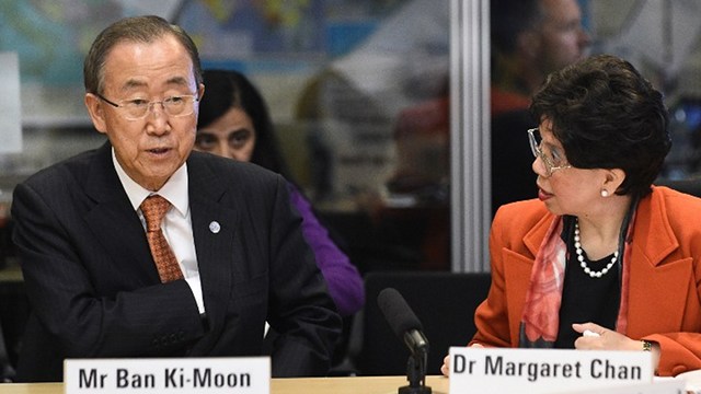 EBOLA MEETING. UN Secretary-General Ban Ki-Moon and World Health Organization head Margaret Chan attend a briefing on Ebola at the WHO Headquarters in Geneva as the UN says a worker died of probable Ebola infection. Photo by Alain GrosclaudeA/FP 