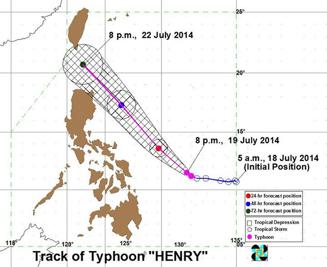 TRACK OF TYPHOON. At 10 pm on Saturday, July 19, the eye of Typhoon Henry is located at 470 km East of Guiuan, Eastern Samar. Graphics by Pagasa